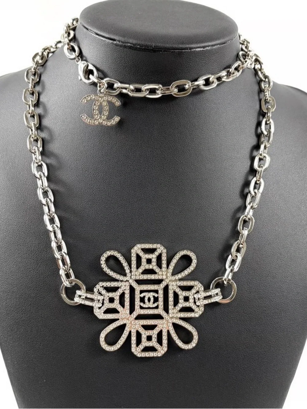 CHANEL Archival Silver-Tone Crystal Byzantine Medallion Statement Necklace
